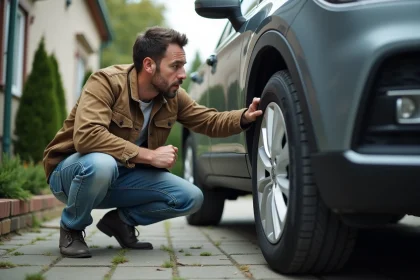 Homme examinant les chiffres sur un pneu de voiture dans une all&eacute;e