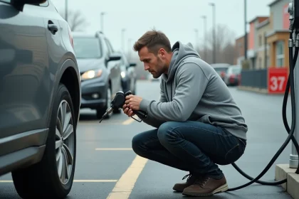 Homme gonflant un pneu de voiture à une borne de gonflage gratuite dans un parking de supermarché