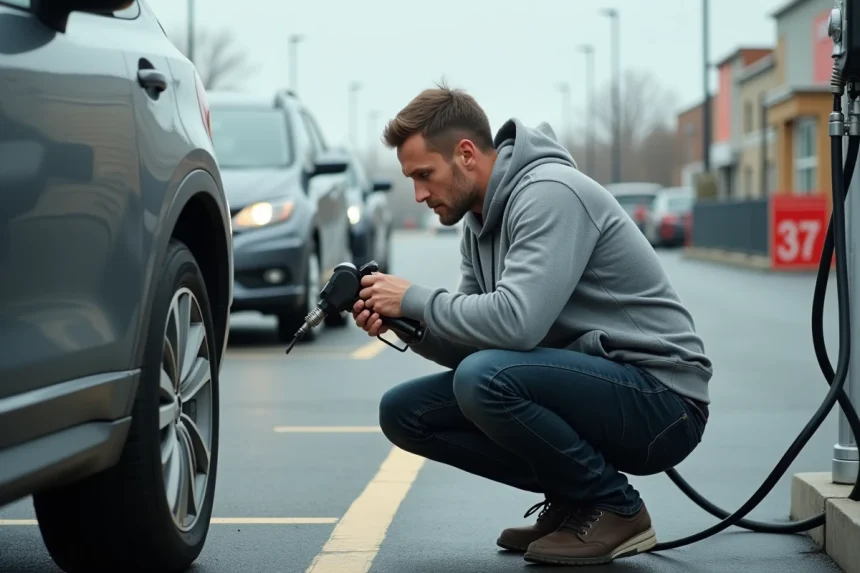 Homme gonflant un pneu de voiture à une borne de gonflage gratuite dans un parking de supermarché