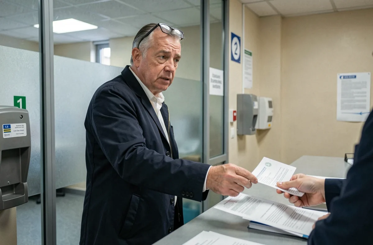 Homme déposant son dossier au guichet de la préfecture pour renouveler son permis de conduire