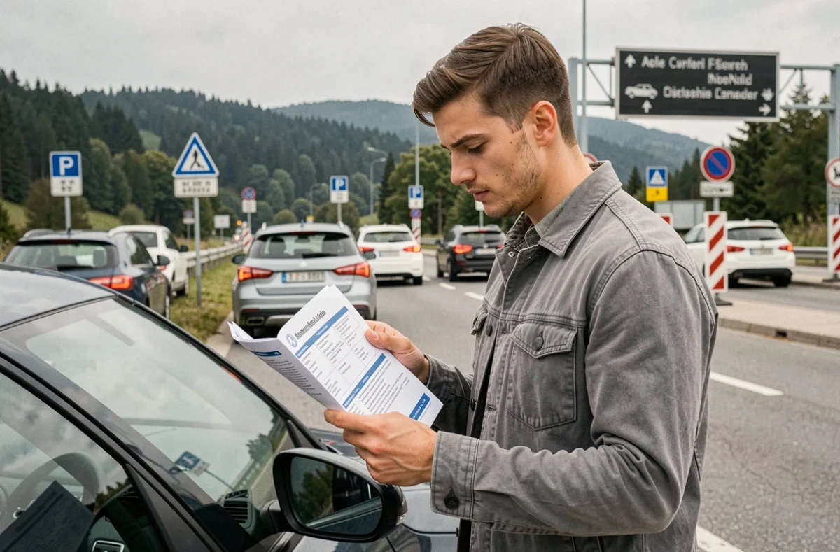 Homme consultant un guide sur les codes d'immatriculation européens à un poste frontière