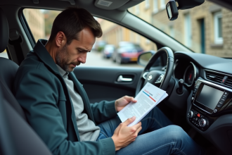 Homme inquiet regardant un document d'assurance dans la voiture