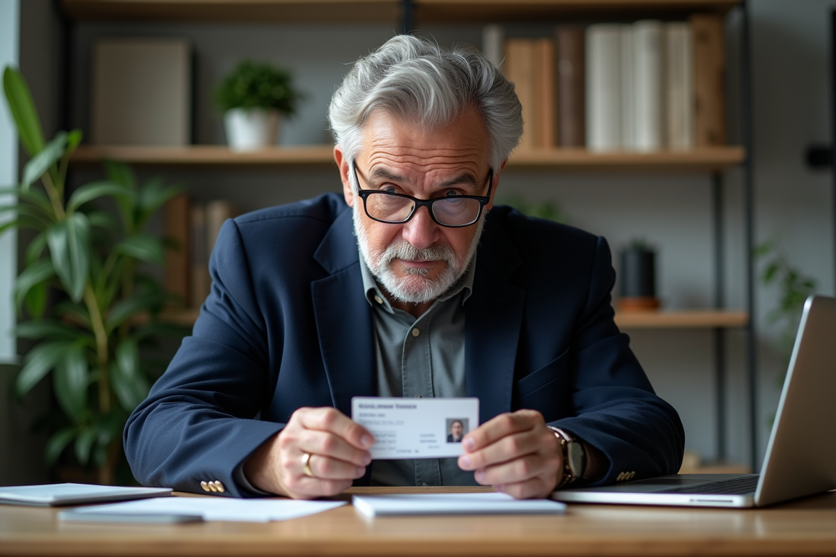 Homme d'âge moyen examinant son permis de conduire
