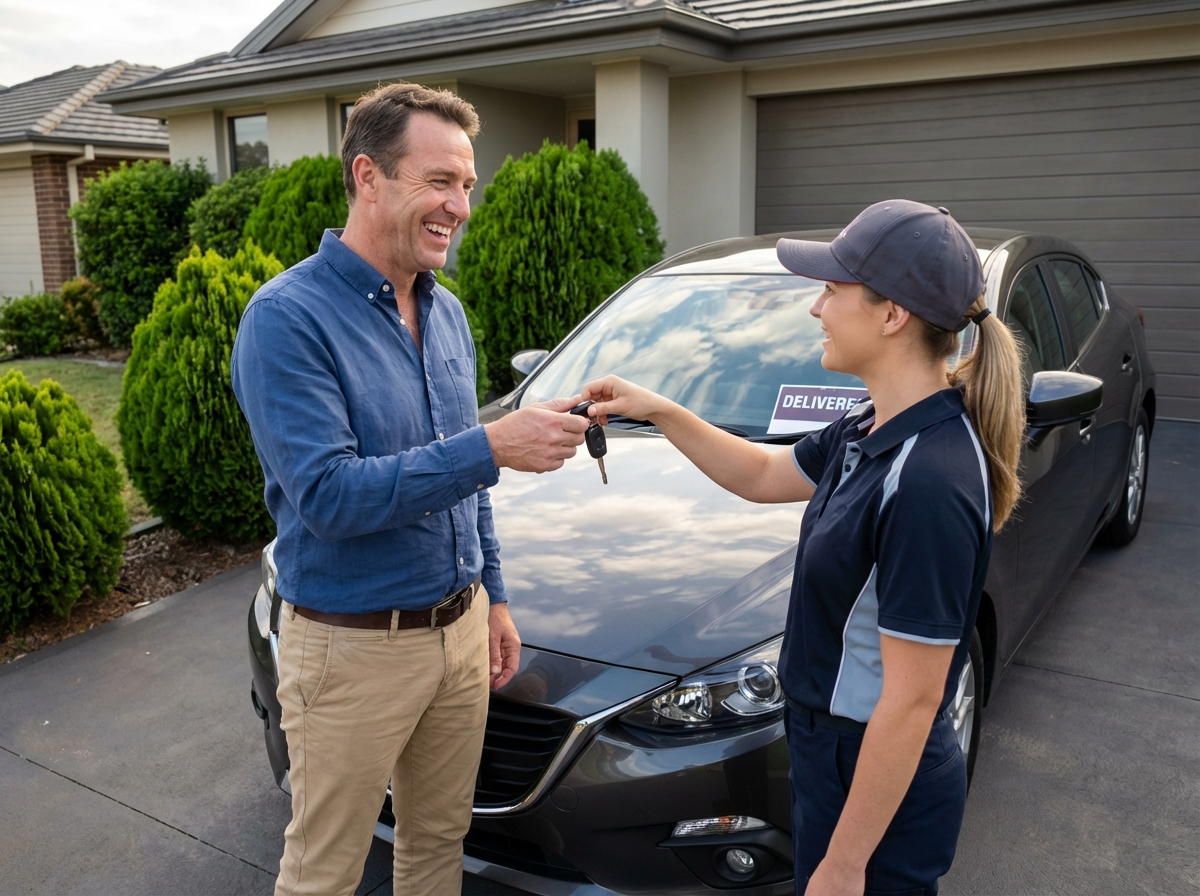 Homme recevant les cl&eacute;s de voiture dans l&rsquo;all&eacute;e
