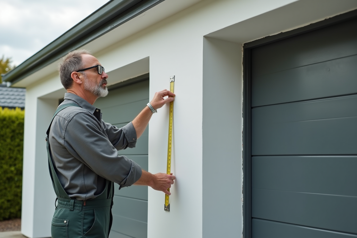 Homme en overalls mesurant une porte de garage moderne