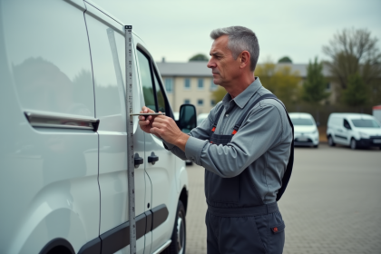 Homme en tenue de travail mesurant la hauteur d'une camionnette blanche