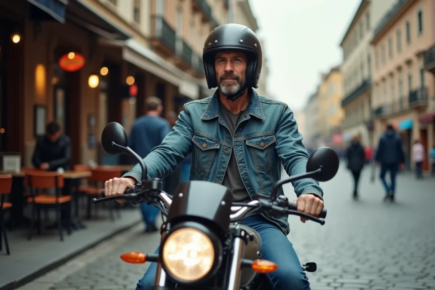 Homme en denim et casque près d'une moto en ville