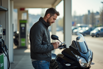 Jeune homme vérifiant ses chiffres à la station essence