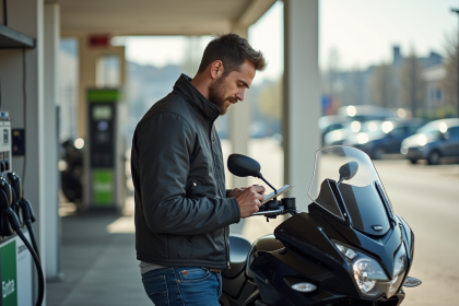 Jeune homme vérifiant ses chiffres à la station essence