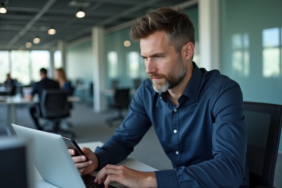 Homme en open space consultant bri&egrave;vement son smartphone pour s'informer sans nuire &agrave; sa productivit&eacute; au travail