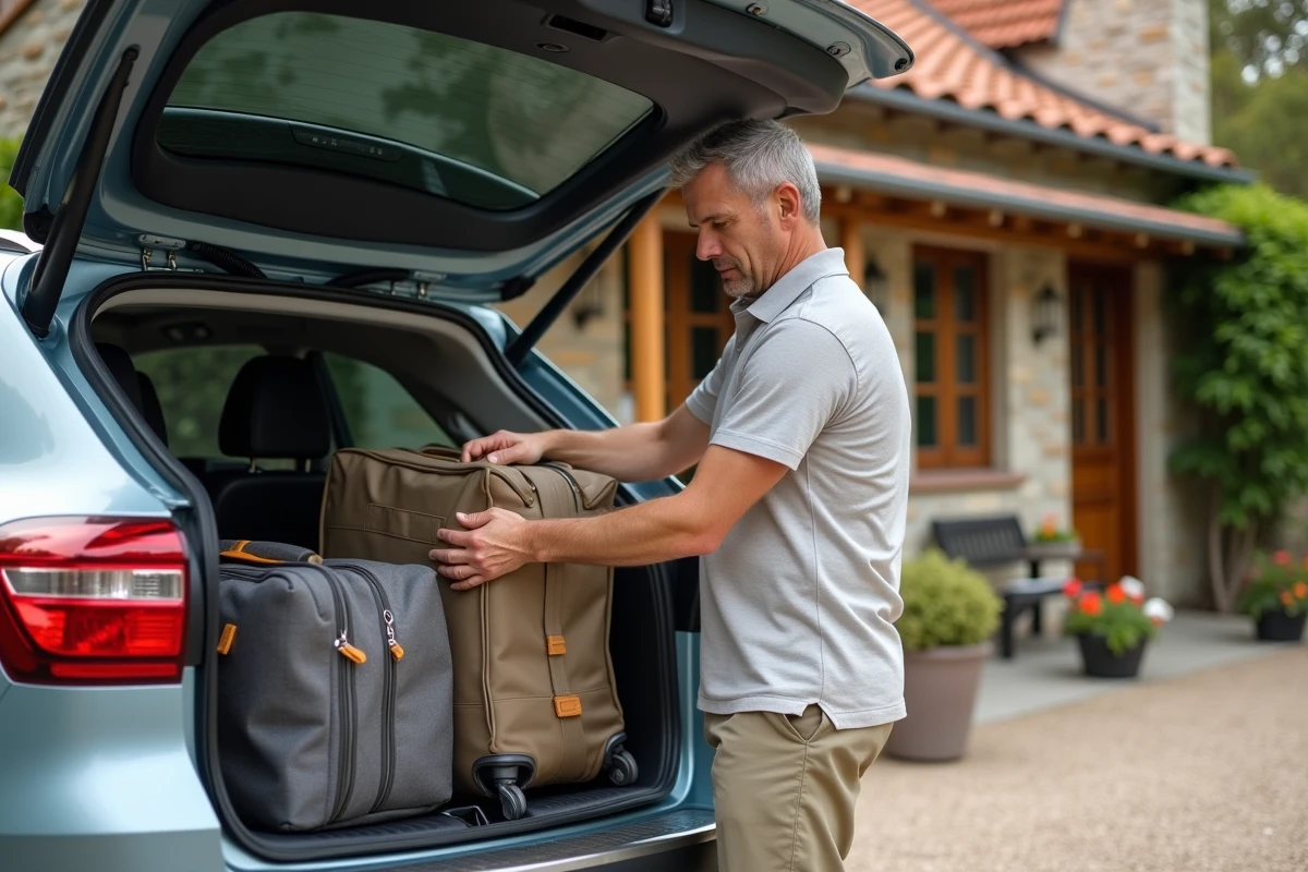 Homme arrangeant des valises dans le coffre de la voiture