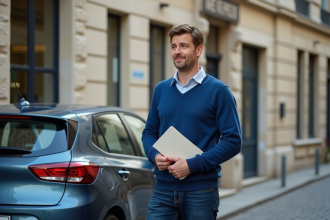 Homme d'âge moyen avec voiture suédoise devant préfecture