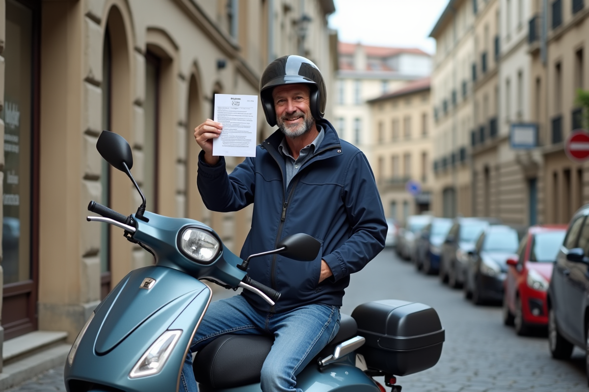 Homme avec permis et scooter en ville française