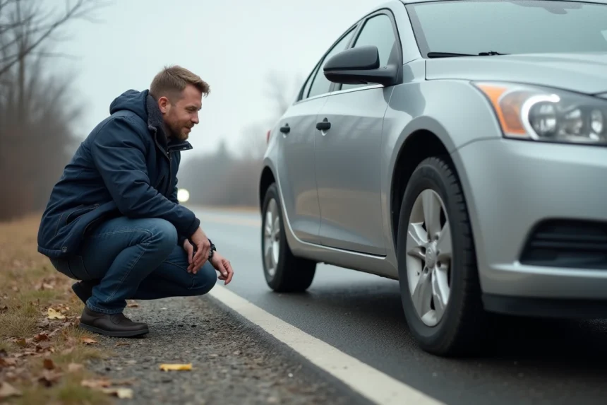 Homme examinant un pneu crevé au bord d'une route rurale, illustration des démarches en cas de crevaison
