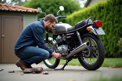 Homme en chemise de travail ajuste la chaîne d'une Kawasaki KZ 400