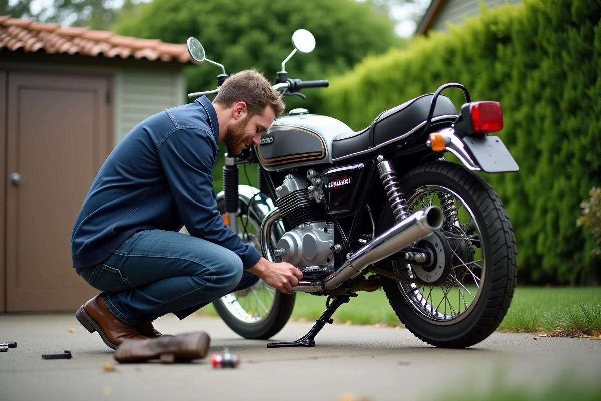 Homme en chemise de travail ajuste la chaîne d'une Kawasaki KZ 400