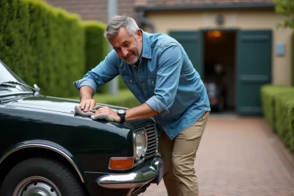Homme en denim appliquant un restaurateur plastique sur une voiture ancienne