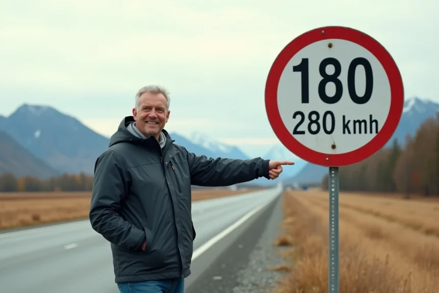 Homme surpris pointant un panneau vitesse 180 mph