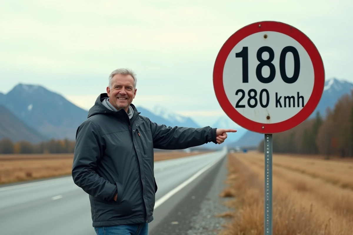 Homme surpris pointant un panneau vitesse 180 mph