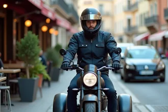 Homme en tenue de moto assis sur un scooter 3 roues en ville, illustrant le permis nécessaire pour conduire un trois-roues