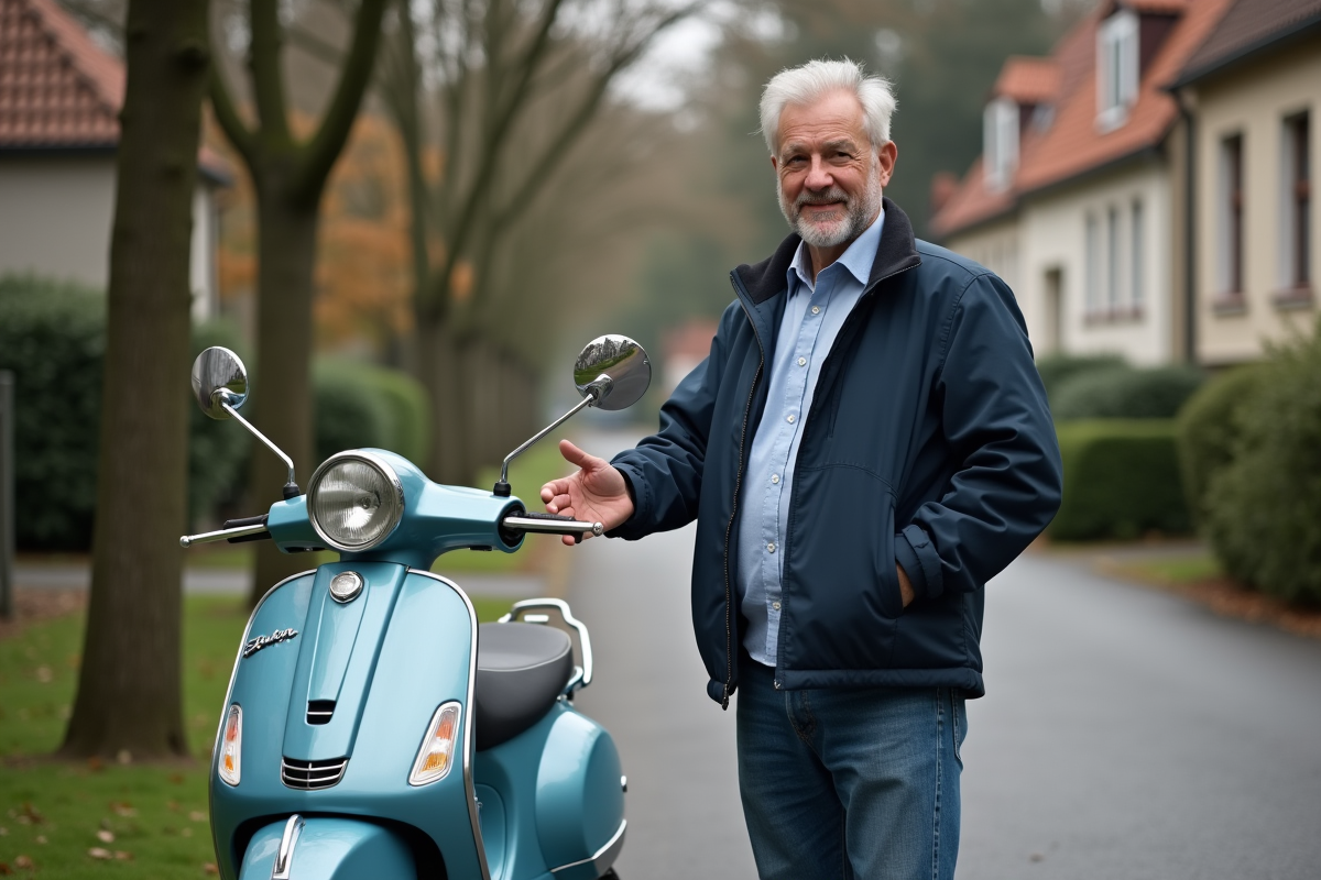 Homme d'âge moyen à côté d'un scooter 50cc classique