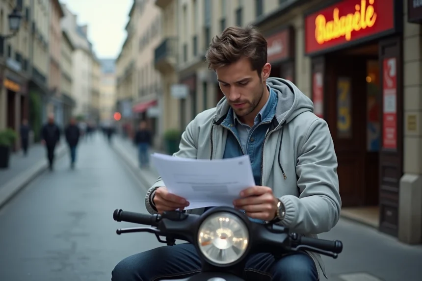 Homme assis sur un scooter tenant un document administratif lié au permis de conduire en ville