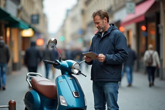 Homme d'âge moyen avec scooter en ville