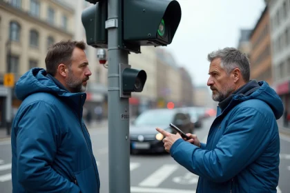 Homme d'&acirc;ge moyen examine un signal de circulation urbain