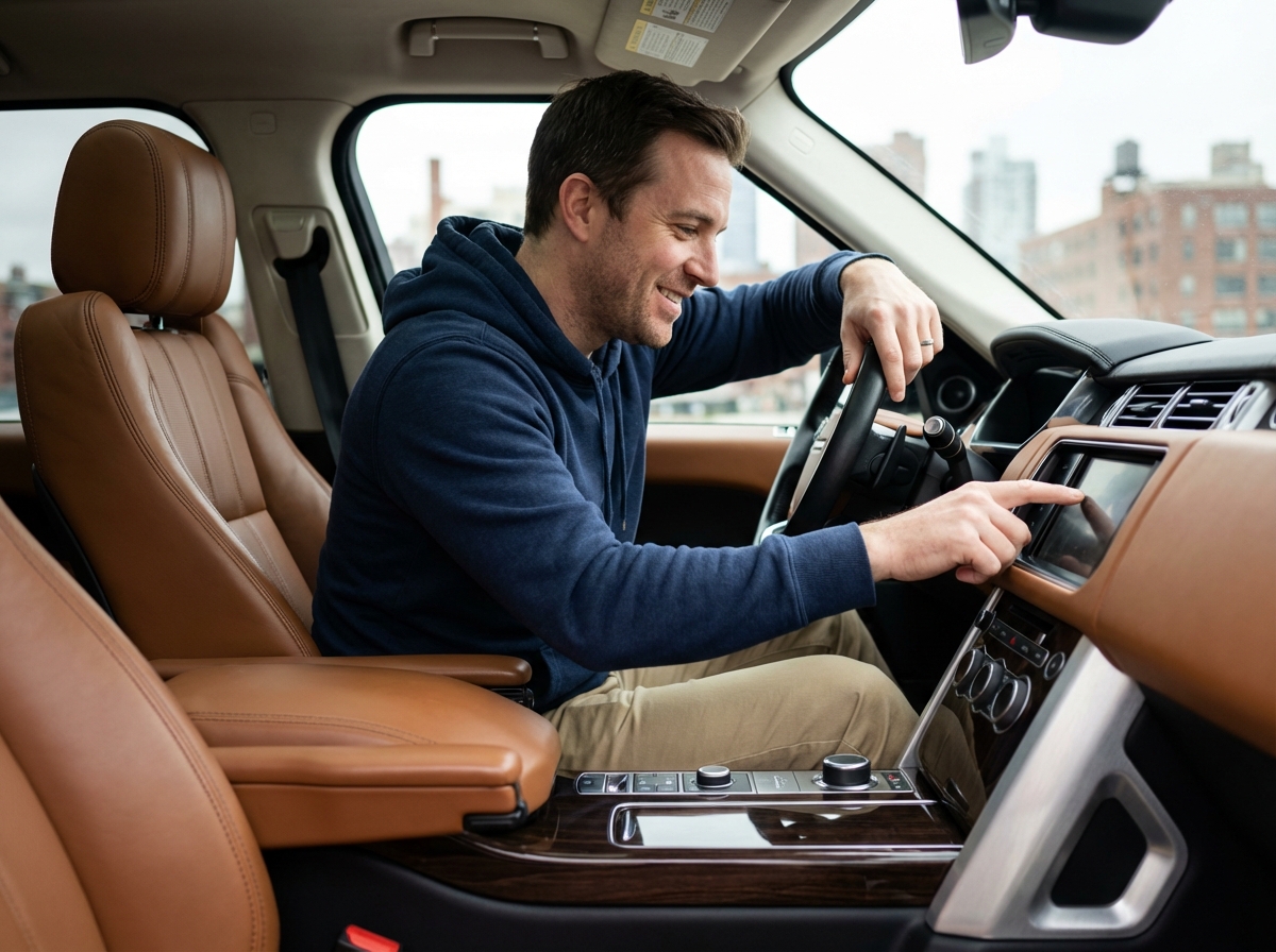 Homme souriant dans l interieur d une voiture moderne