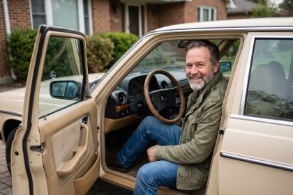 Homme souriant dans une voiture d'occasion fiable