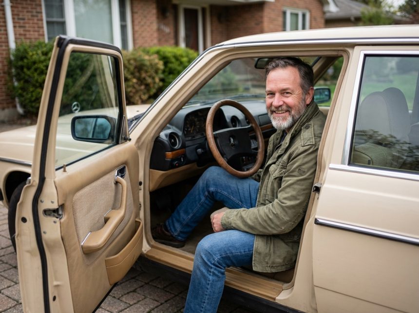 Homme souriant dans une voiture d'occasion fiable