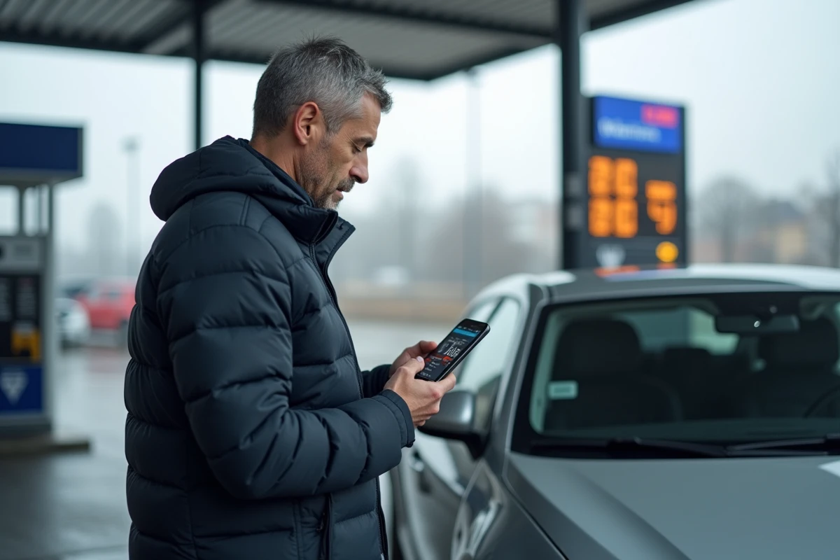 Homme utilisant une application de gestion du carburant sur son téléphone à une station-service