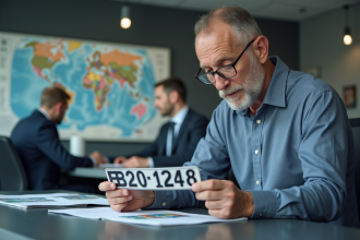 Homme examinant une plaque d'immatriculation française