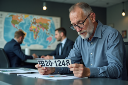 Homme examinant une plaque d'immatriculation française
