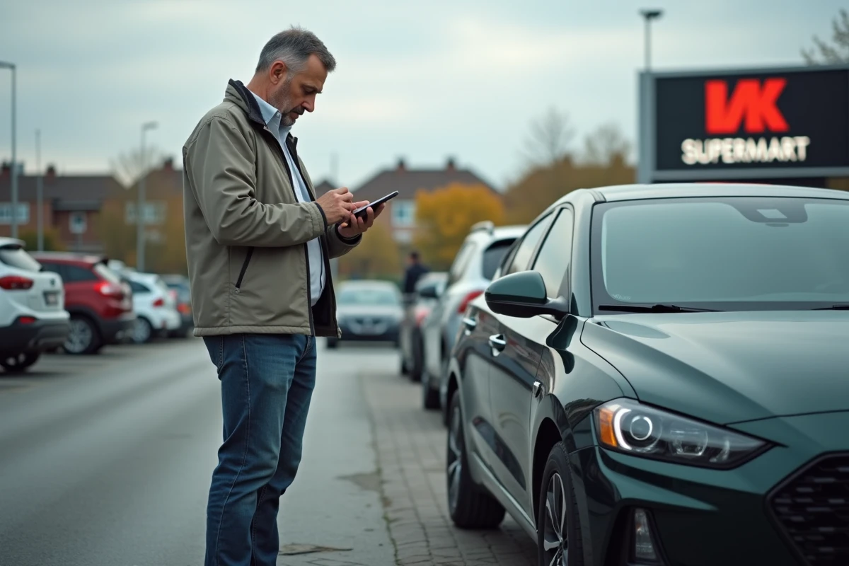 Homme v&eacute;rifiant son application pr&egrave;s de sa voiture
