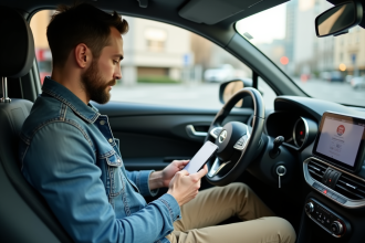 Homme en denim vérifiant une appli d'assurance auto dans sa voiture