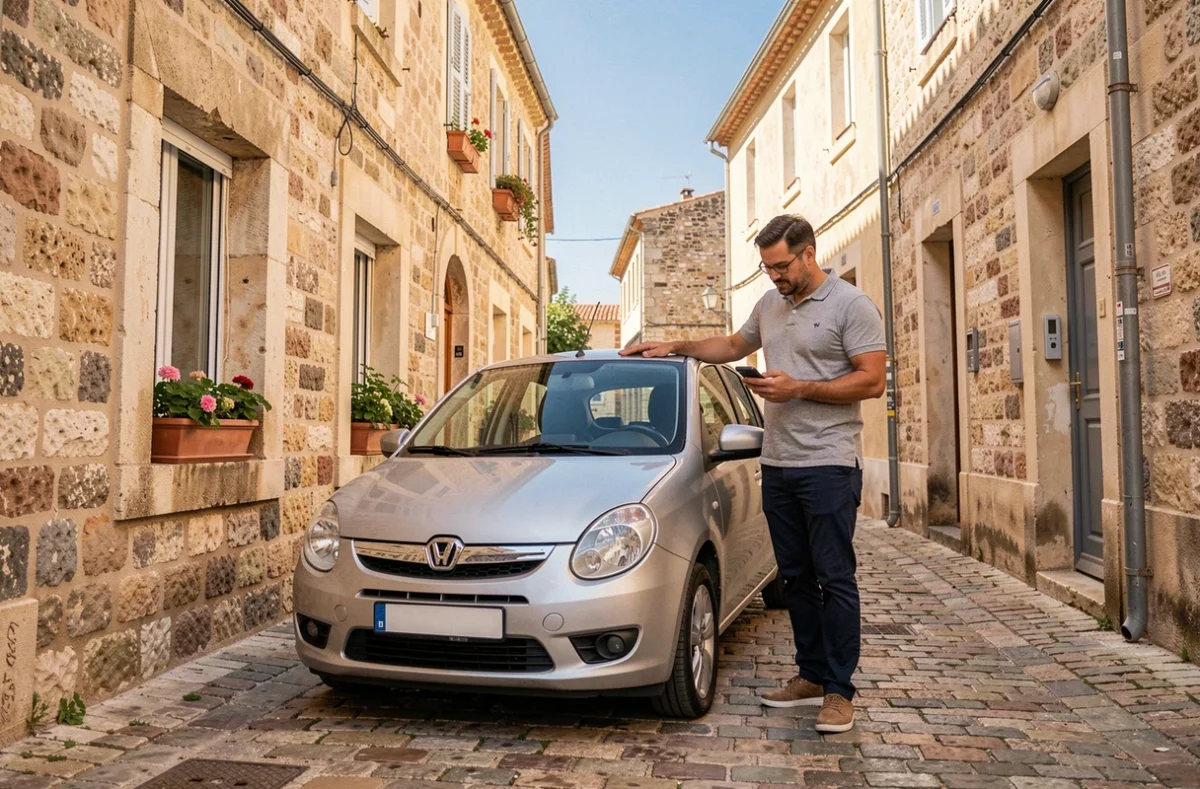 Homme debout à côté de sa voiture dans une rue pavée du centre historique d'Agde consultant son téléphone