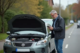 Homme inquiet vérifiant le moteur d'une voiture
