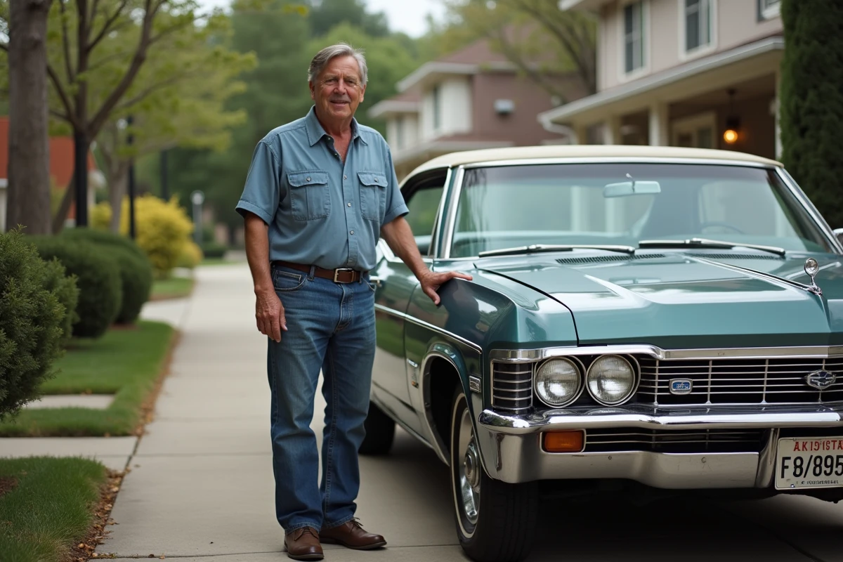Homme devant une Chevrolet Impala 1967 vintage