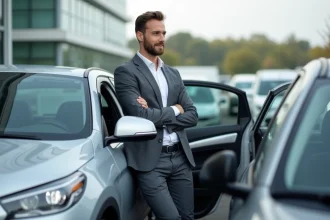 Homme d'affaires examine une voiture d'occasion en concession