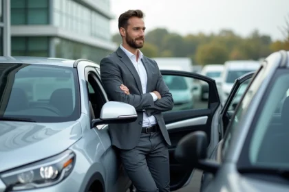 Homme d'affaires examine une voiture d'occasion en concession
