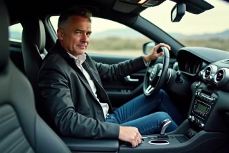 Homme en voiture sportive dans le cockpit avec concentration