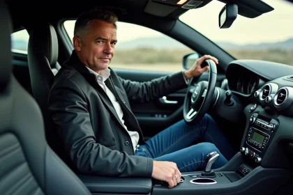 Homme en voiture sportive dans le cockpit avec concentration