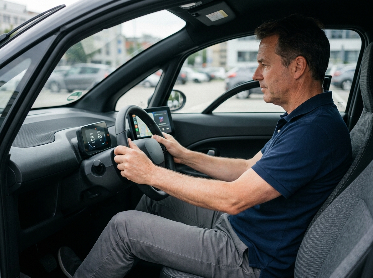 Homme au volant d'une voiturette électrique avec tableau de bord numérique
