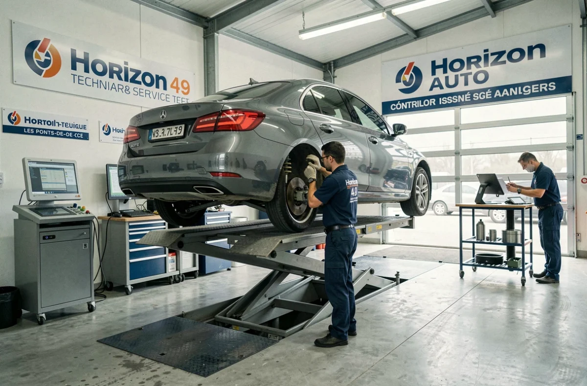 Technicien d'Horizon Auto 49 Technicar Services aux Ponts-de-Cé vérifiant la suspension d'un véhicule surélevé