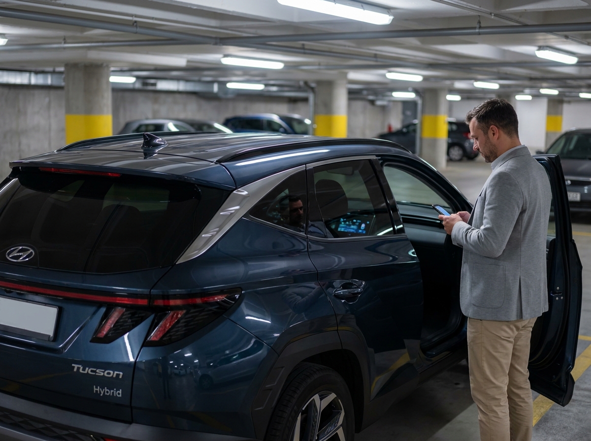 Hyundai Tucson Hybrid bleu nuit dans un parking urbain, mettant en valeur son tableau de bord numérique et ses équipements technologiques