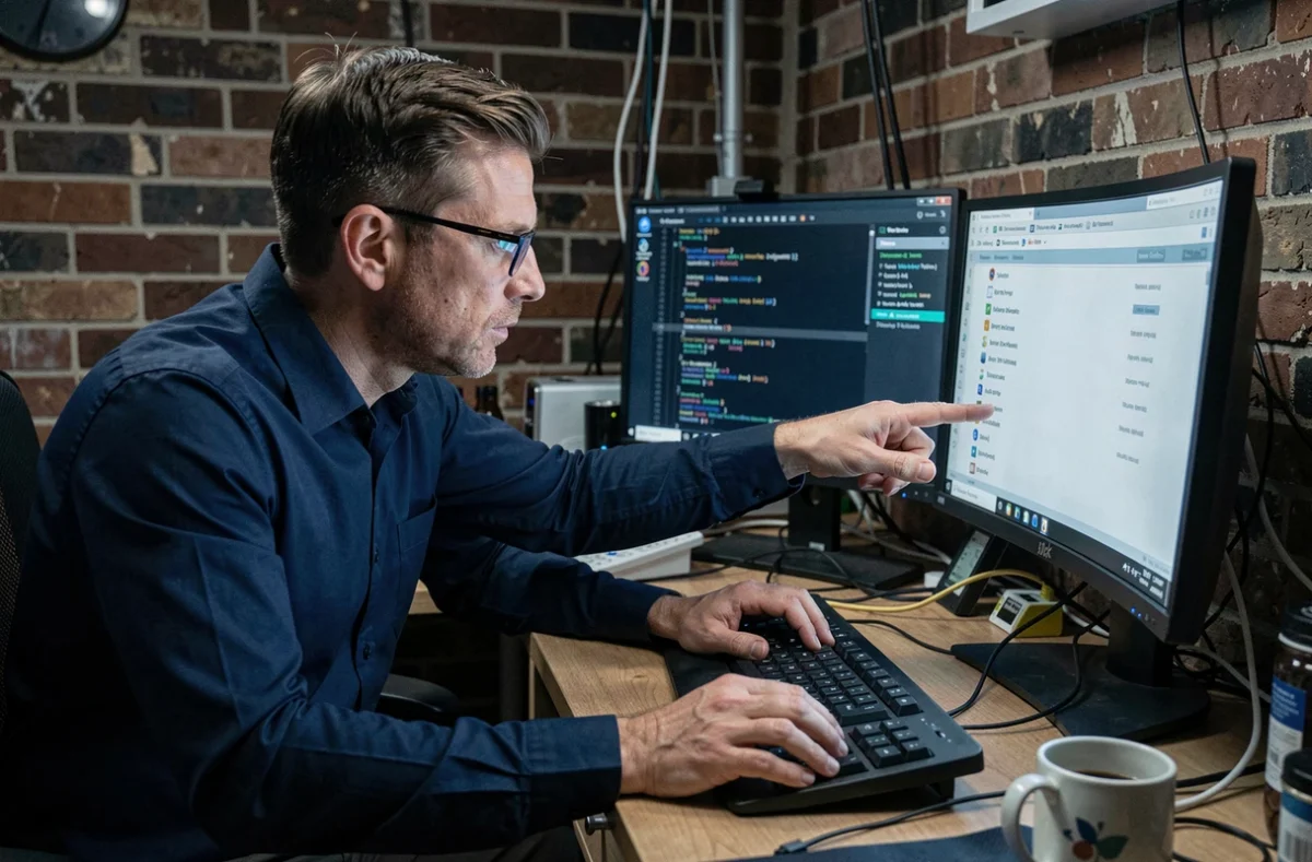 Homme informaticien analysant des processus système sur plusieurs écrans pour identifier un logiciel espion