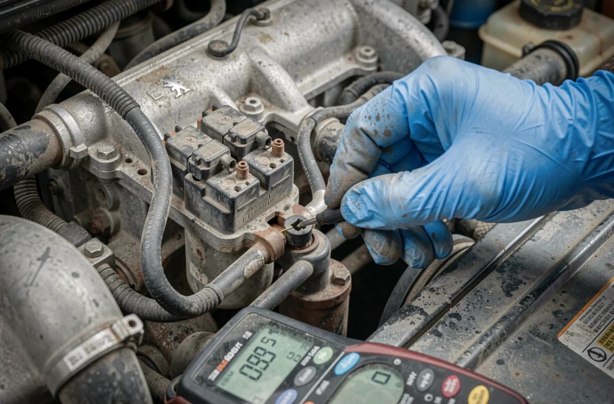 Inspection du bobinage allumage et connecteur sur moteur Peugeot lors du diagnostic manuel du code défaut P1351