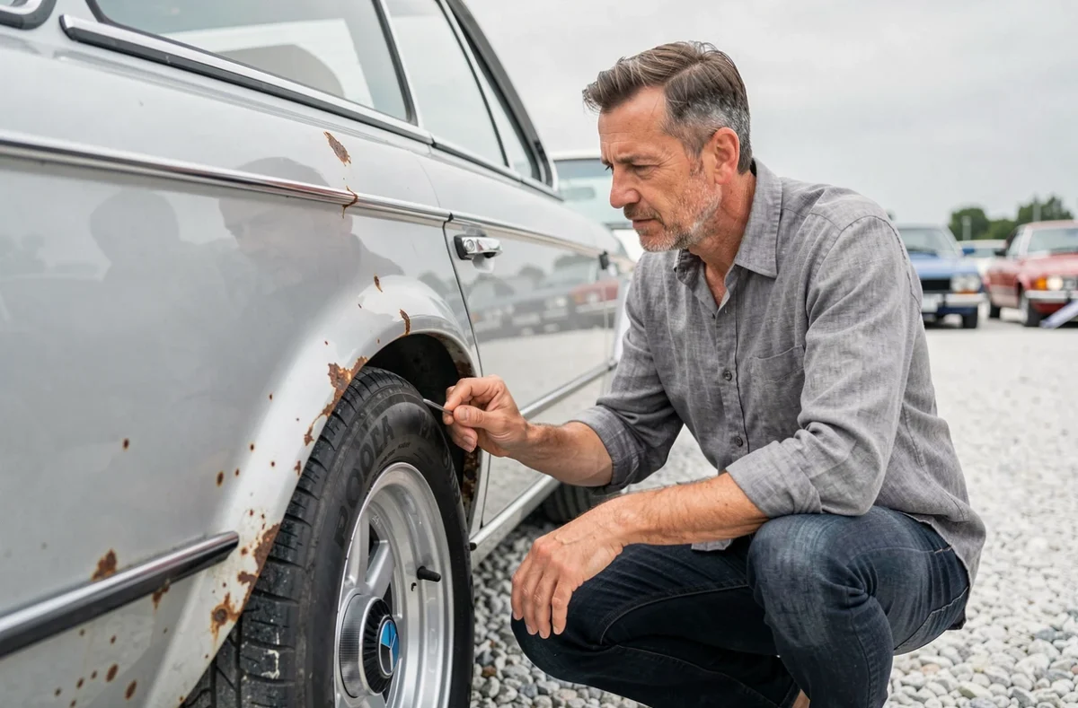 Expert en automobiles classiques inspectant la carrosserie rouillée d'une BMW 2002 tii lors d'une vente aux enchères de véhicules anciens, évaluation des coûts cachés