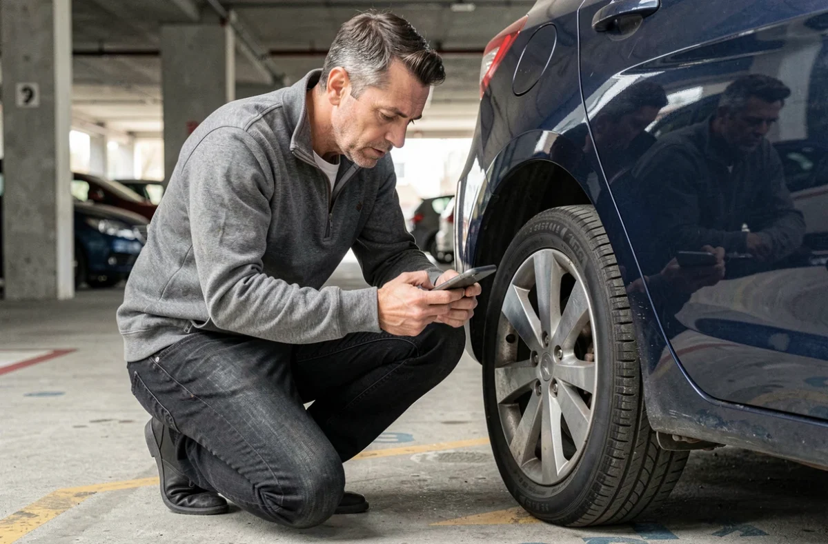 Acheteur inspectant la carrosserie d'une voiture d'occasion dans un parking urbain lors d'une vente entre particuliers